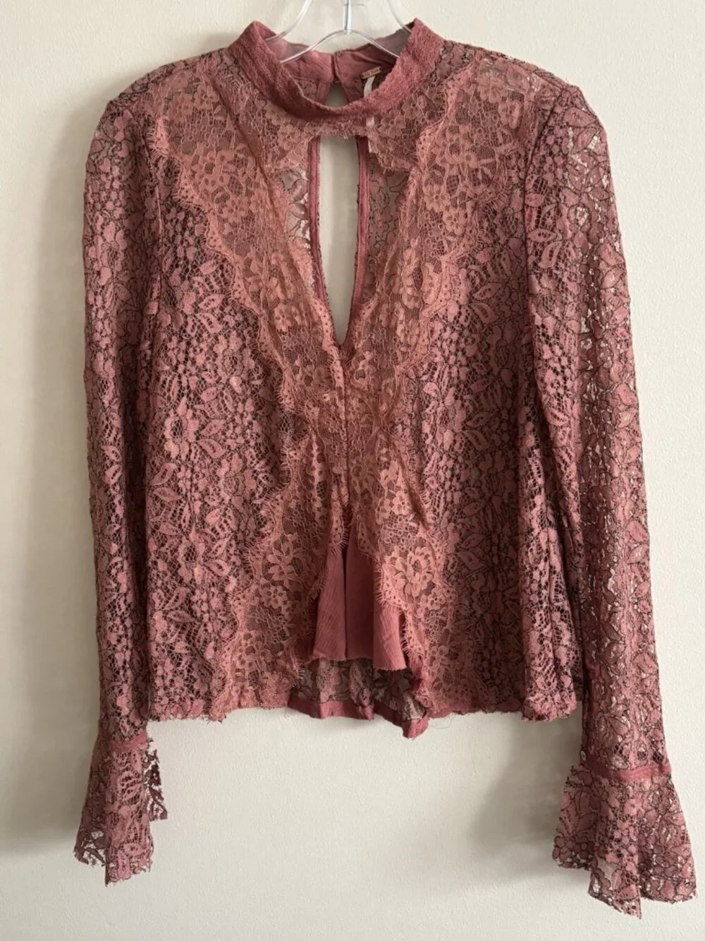 Free People Secret Origins pieced lace Shirt Pink Small sheer lace swing